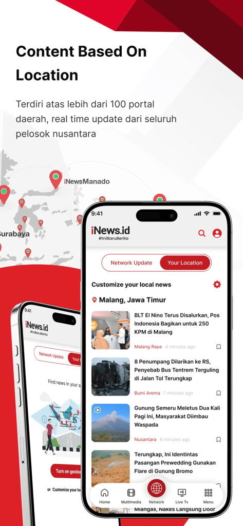 iNews.id mobile app interface displaying regional Indonesian news based on user location