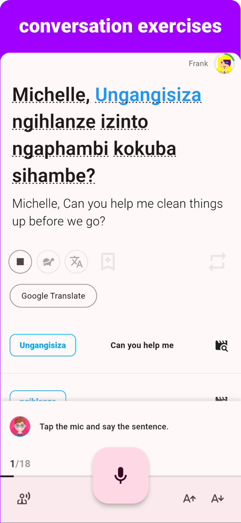 Zulu - Listening Speaking - Zulu conversation exercise interface showing translation and speech practice
