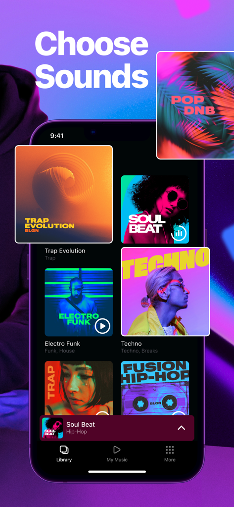 Drum Pad FX - Beat Maker & DJ - Drum Pad FX Musikbibliothek-Oberfläche zeigt Soundpacks für die Genres Trap, Techno und Hip Hop