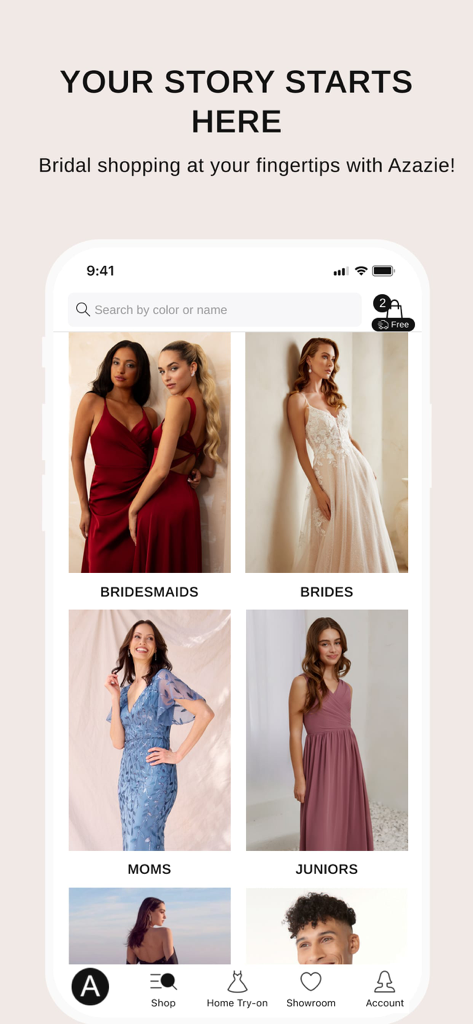 Interfaz de la aplicación móvil de Azazie que muestra categorías de vestidos de novia y de dama de honor.