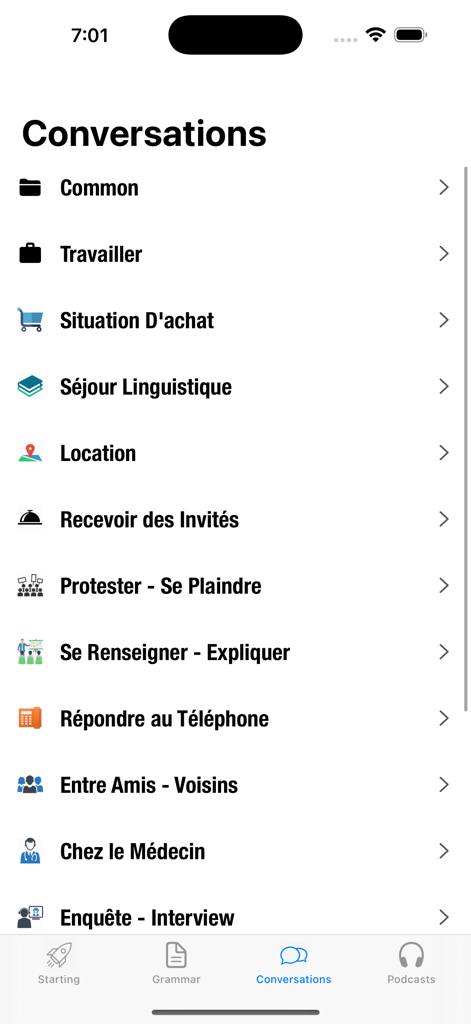 A list of French conversation categories for daily situations like work and shopping