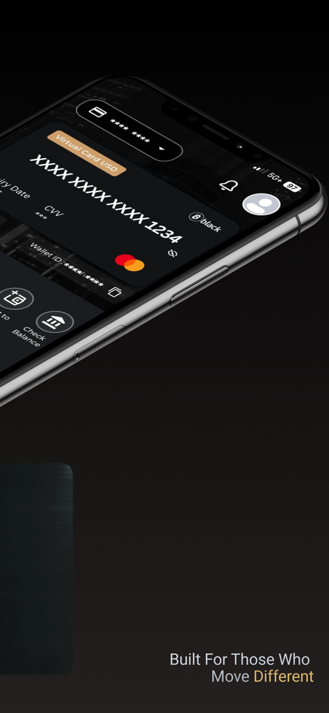bblack mobile app interface displaying a luxury virtual crypto card with the slogan Built For Those Who Move Different