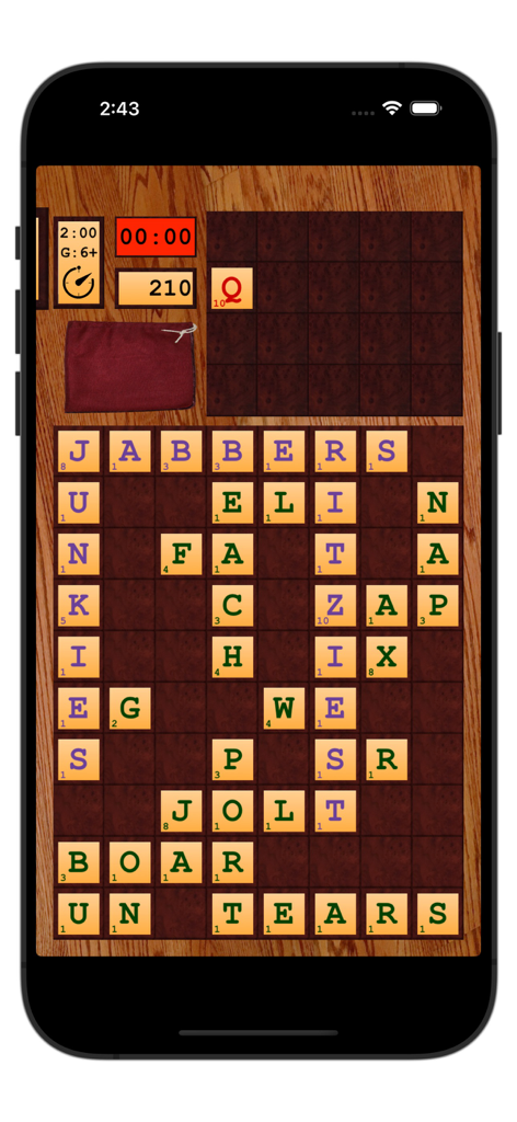 WordXing - A WordXing gameplay screen on an iPhone showing a crossword style board with letter tiles and a wooden background.