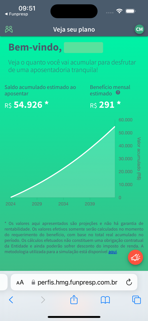 성장 차트와 함께 예상 퇴직 저축액 및 월별 혜택을 보여주는 Funpresp 앱 인터페이스.