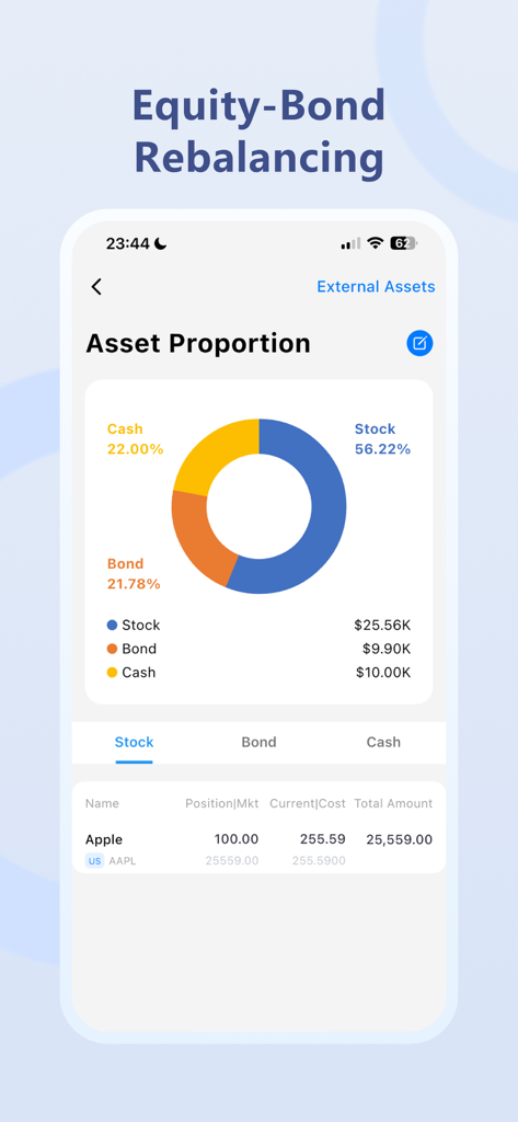 Snowball Portfolio - A donut chart showing asset proportion between stocks bonds and cash in the Snowball Portfolio app