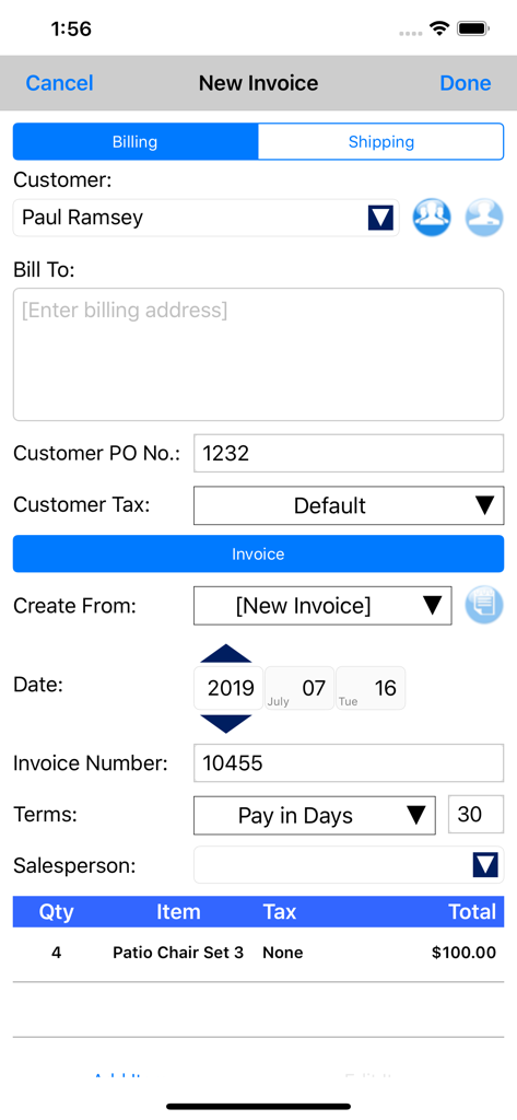 Mobile app interface for creating a new business invoice with customer and billing details