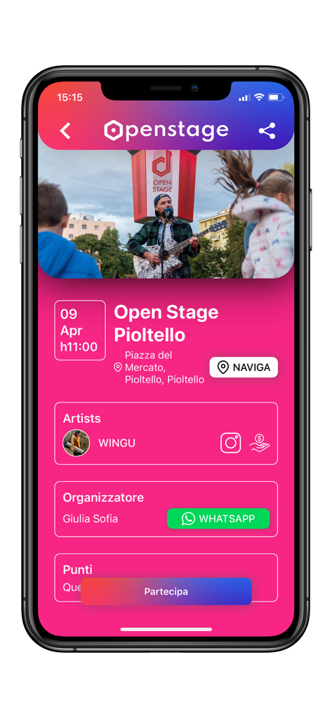 Open Stage - Screenshot of the Open Stage app showing details for a live street performance including the artist profile and event location