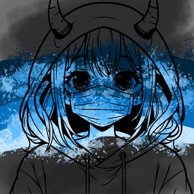 anime teen girl with horns and a hoodie wearing a face mask