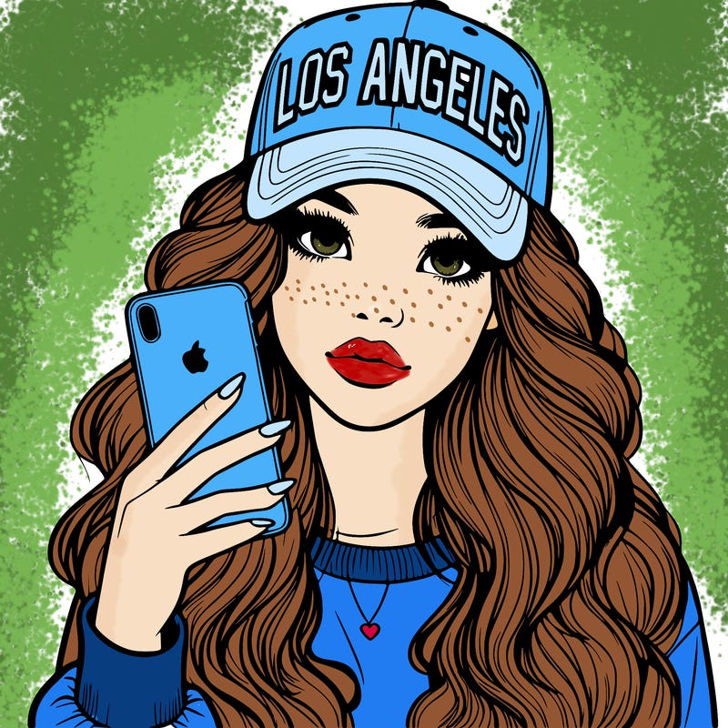 realistic beautiful girl wearing los ángeles cap holding an iphone