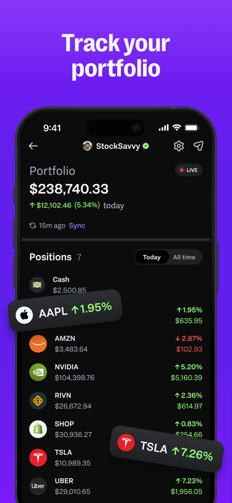 AfterHour: Social Copy Trading - 실시간 거래 추적 및 포지션이 있는 검증된 주식 포트폴리오를 보여주는 AfterHour 앱 인터페이스