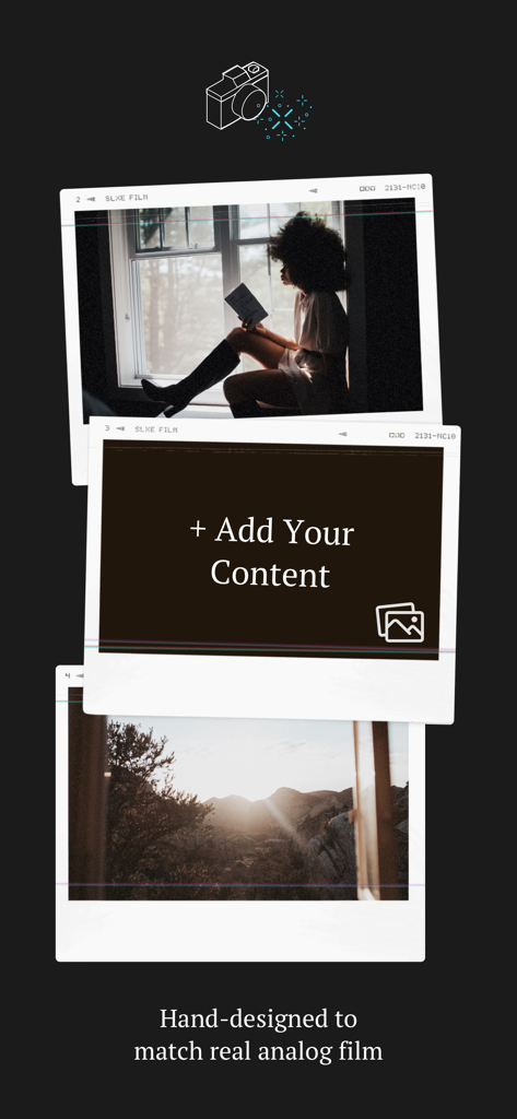 Storyluxe: Templates & Filters - Aplicación Storyluxe mostrando plantillas de fotos estilo Polaroid vintage y filtros de película analógicos.