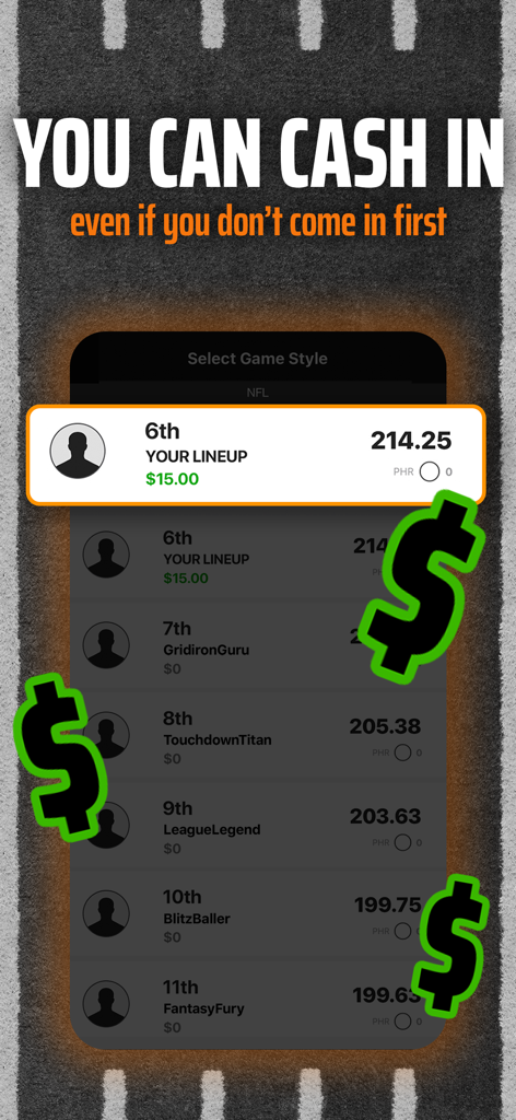 DraftKings app leaderboard showing a sixth place lineup winning a cash prize