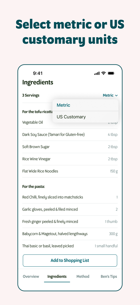 SO VEGAN: Healthy Recipes - The SO VEGAN app interface showing the option to select between metric and US customary units for recipe ingredients