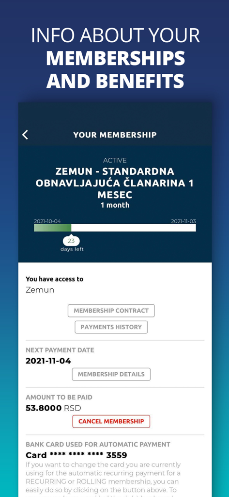 Interface of the Non Stop Fitness app displaying active membership details, remaining days, and payment options.