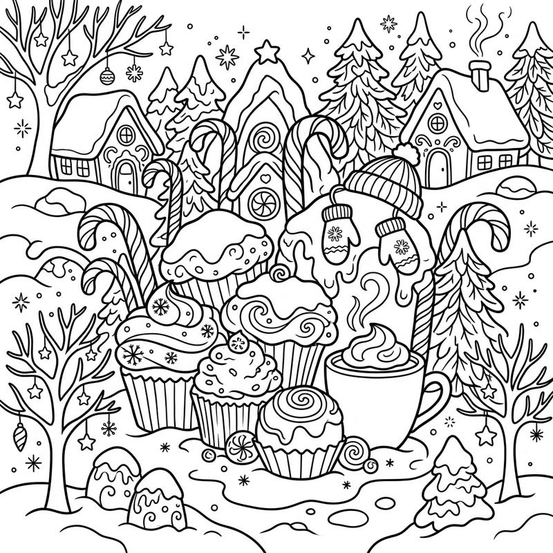 Step into a delightful winter scene filled with festive treats and cozy charm, perfect for sweet coloring fun. This page combines the magic of snowy landscapes with the indulgence of gourmand delights like cupcakes and candy canes.