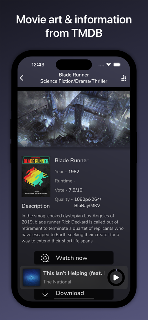 Interfaz de la aplicación AVSub mostrando información y póster de la película Blade Runner con integración TMDB
