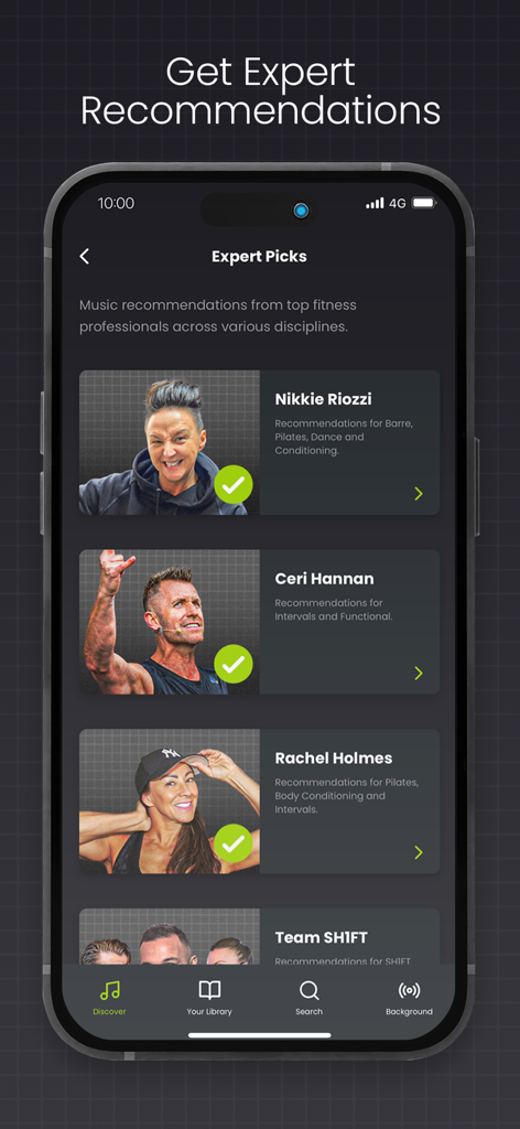 Pure Energy Music - Pure Energy Musicアプリのインターフェース。Nikkie RiozziやCeri Hannanなどのフィットネス業界の専門家による音楽のピックを表示