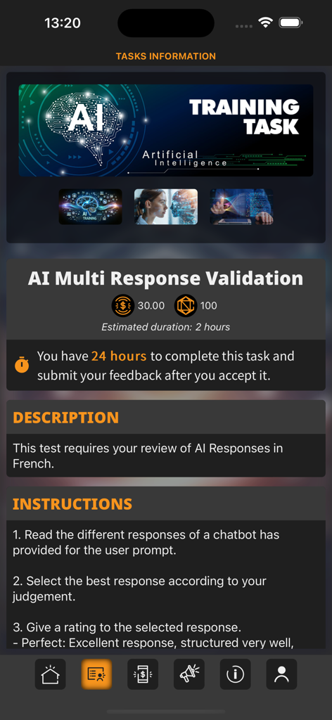 Aurora Studio App - Pantalla de la aplicación Aurora Studio que muestra una página de información de tarea para la Validación de Múltiples Respuestas de IA con detalles sobre recompensas, duración e instrucciones.