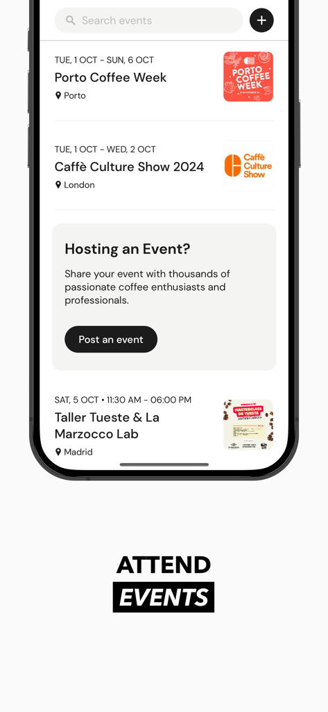 Interface d'application mobile affichant une liste des événements et festivals de café de spécialité à venir dans le monde.