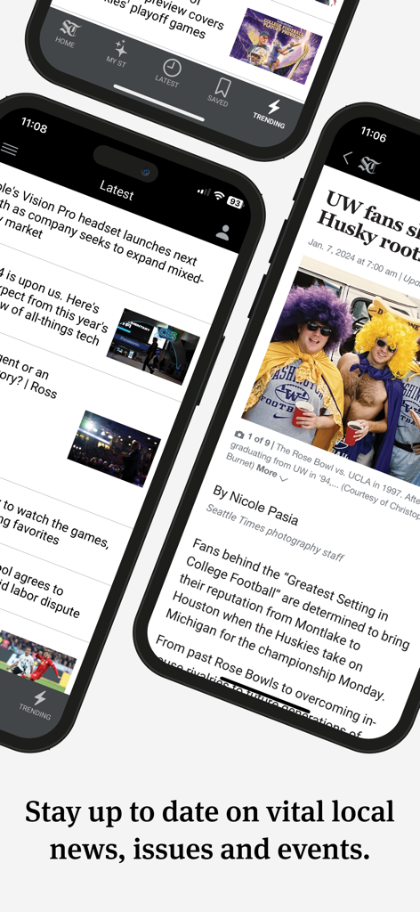 Seattle Times Mobile app interface displaying local news and sports headlines on smartphones