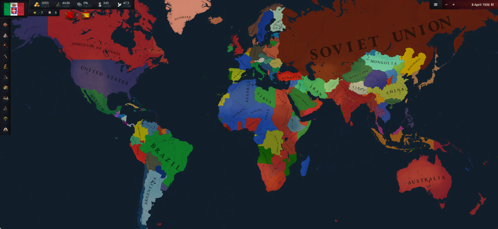 Juego de Age of History 3 que muestra un detallado mapa político mundial con varios países.