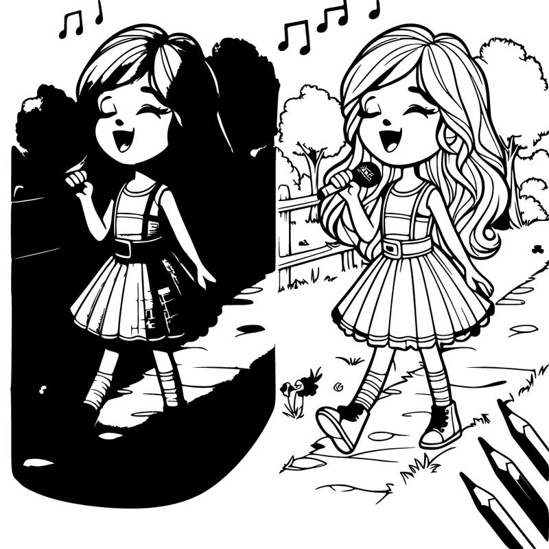realistic girl, singing a song and walking in the park