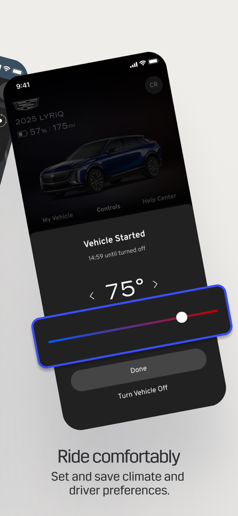 Interface of the myCadillac app showing remote temperature and climate control settings