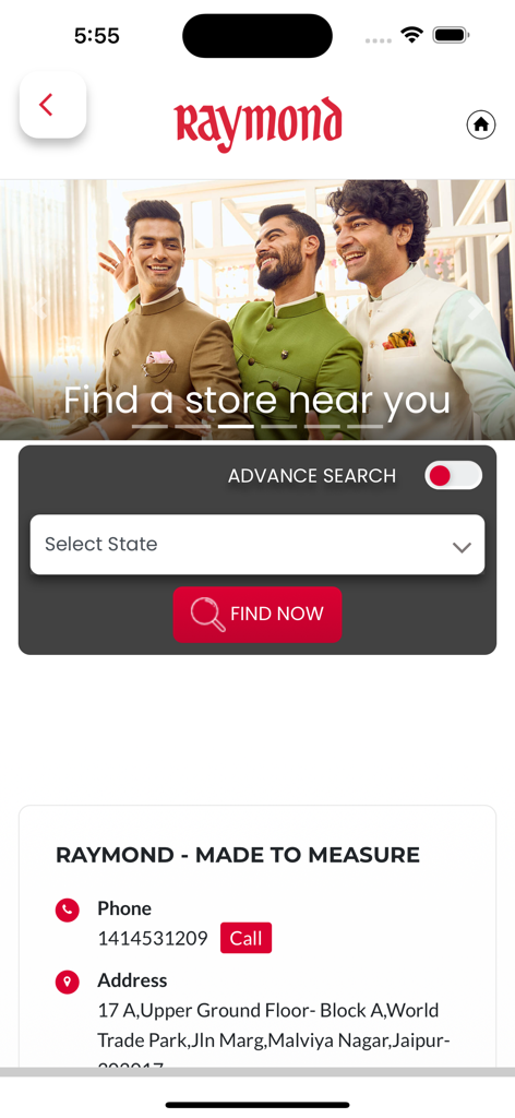 Raymond Rewards app interface for finding nearby stores with state selection and contact information