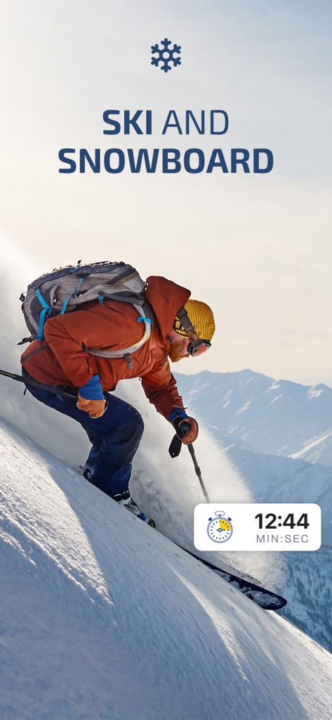 Un hombre esquiando por una montaña nevada con un cronómetro digital superpuesto de la aplicación Skill