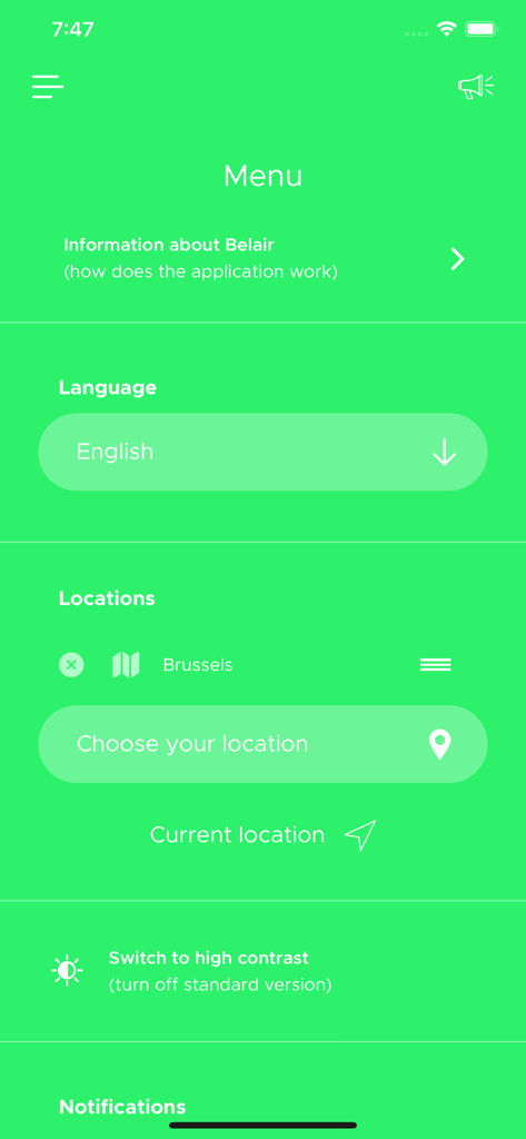 BelAir - Menu screen of the BelAir air quality app featuring language and location settings.
