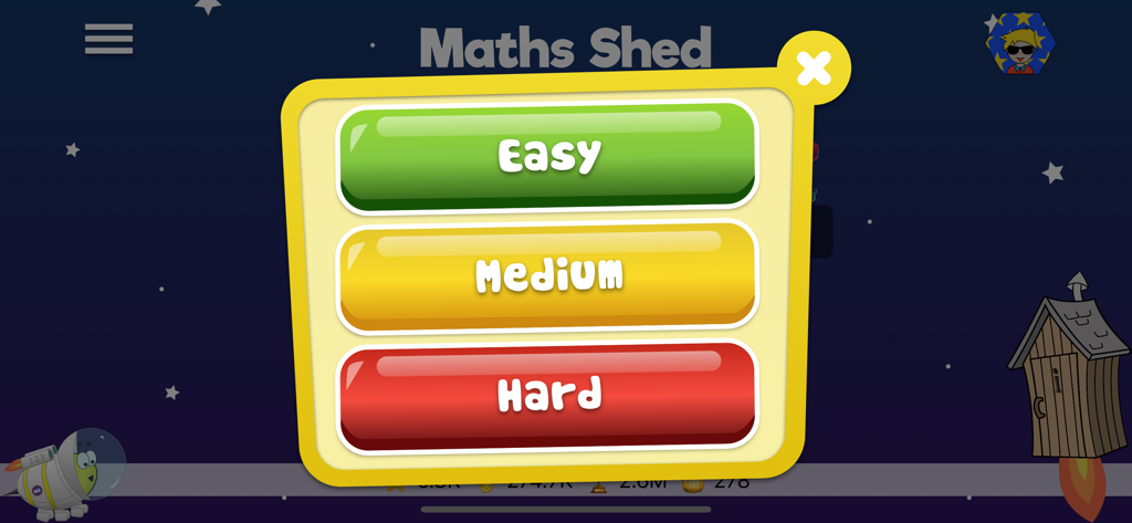 Math Shed - Difficulty level selection screen in the Math Shed app with Easy Medium and Hard buttons