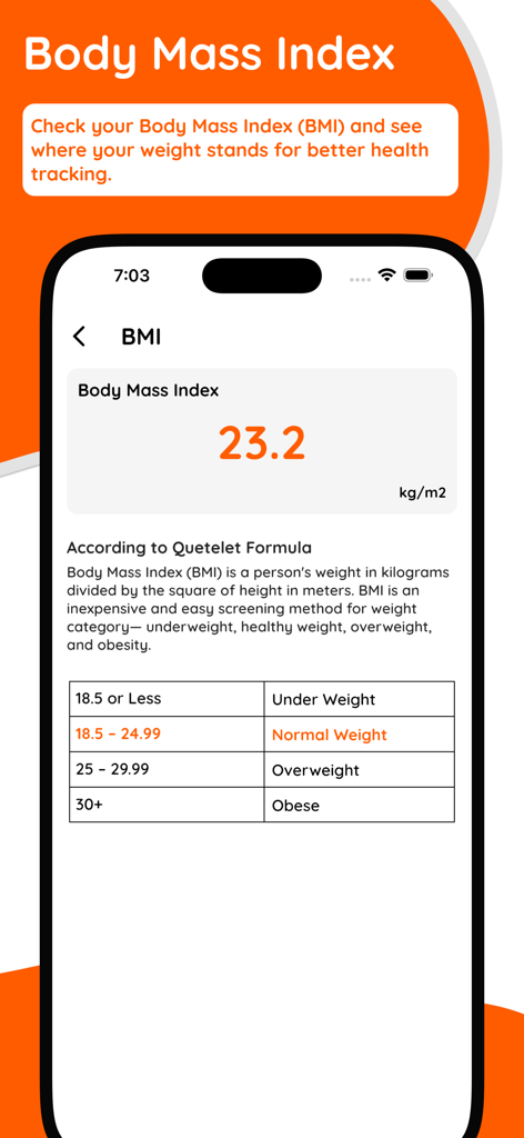 TDEE Calculator Calorie Count - Écran de téléphone portable affichant un indice de masse corporelle sain de 23,2 et les catégories de poids de l'IMC