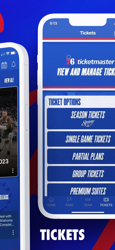 Philadelphia 76ers - Philadelphia 76ers mobile app tickets interface showing season and single game ticket options