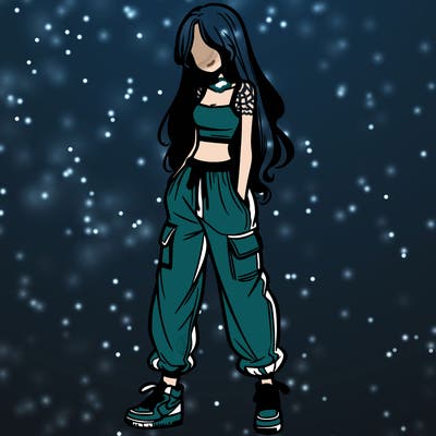 girl in baggy pants crop top and long hair