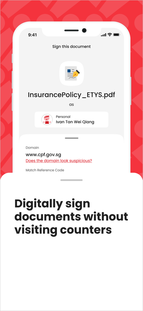 Singpass - Singpass app screen showing digital signing feature for a document with the caption Digitally sign documents without visiting counters