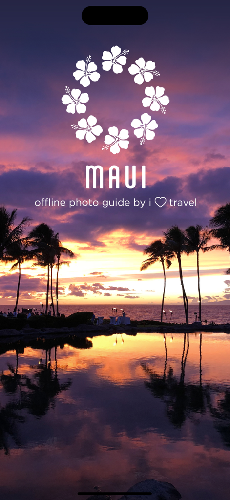 마우이 오프라인 섬 가이드 앱 로고 및 제목과 함께 마우이의 열대 일몰