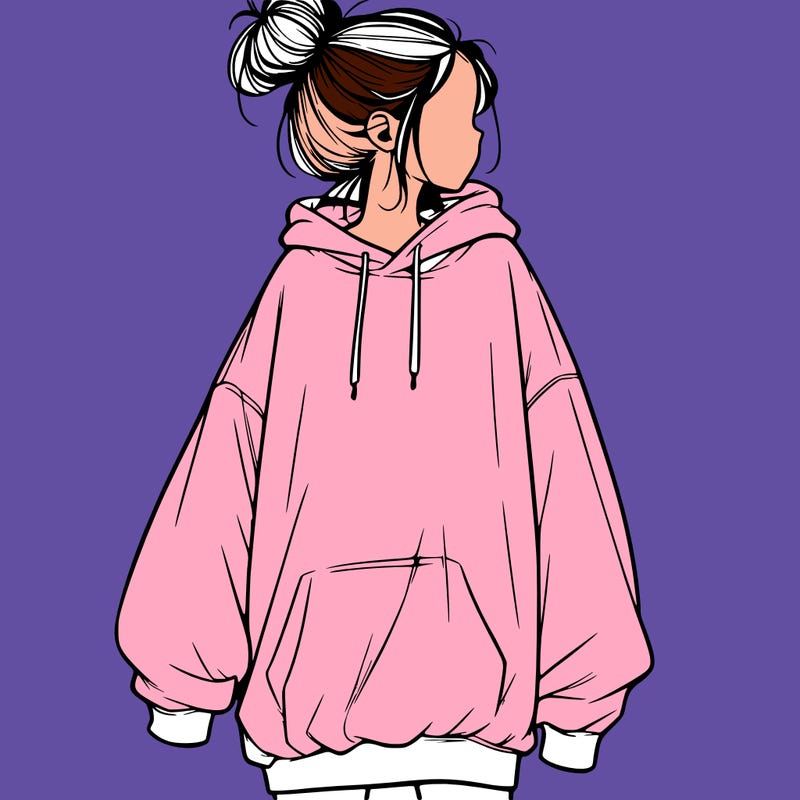 realistic girl with a oversized sweatshirt on and a bun