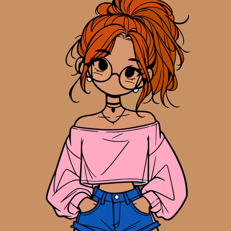 girl with a messy ponytail glasses a baggy crop top and jean shorts