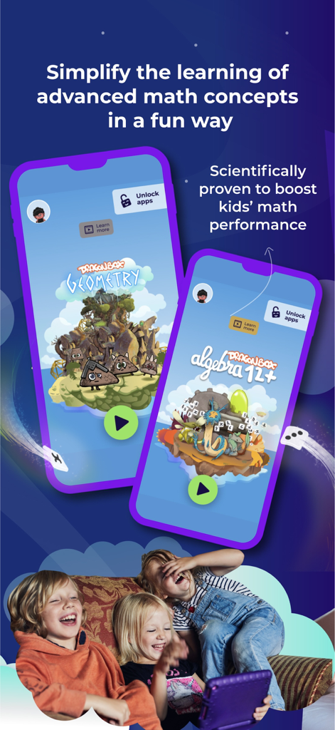 Kahoot! Kids: Learn & Play - Interface exibindo os aplicativos DragonBox Geometry e Algebra para aprendizagem de matemática avançada para crianças.