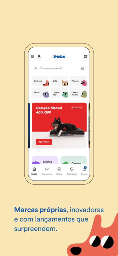 Petz: Tudo que seu pet precisa - Petz app home screen interface showing pet product categories and a promotional banner for pet supplies