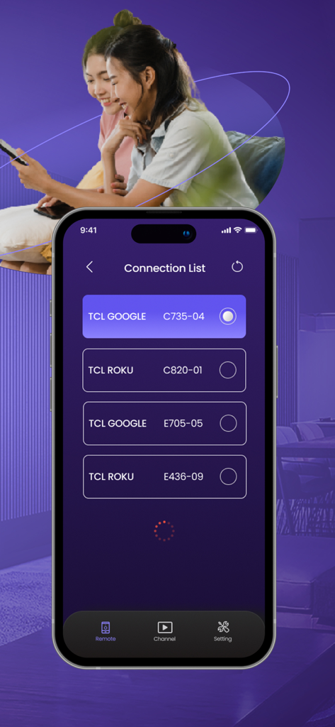 A smartphone screen displaying the connection list for TCL Roku and Google TVs within the Roku Remote app.
