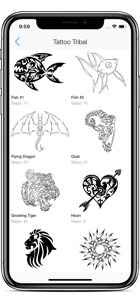 A gallery of tribal tattoo designs including fish dragon and tiger for step by step drawing lessons