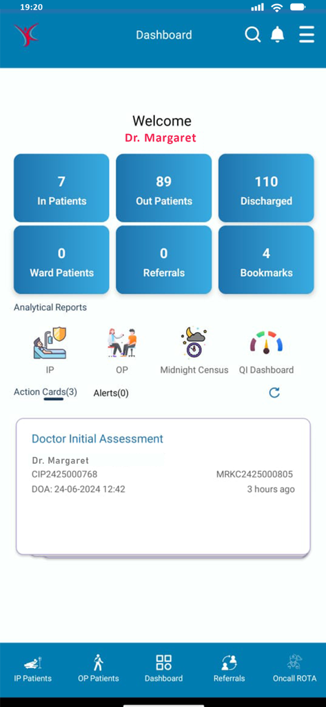 Mobile dashboard of the KIMS EHR app showing patient statistics and clinical analytical reports for a physician.