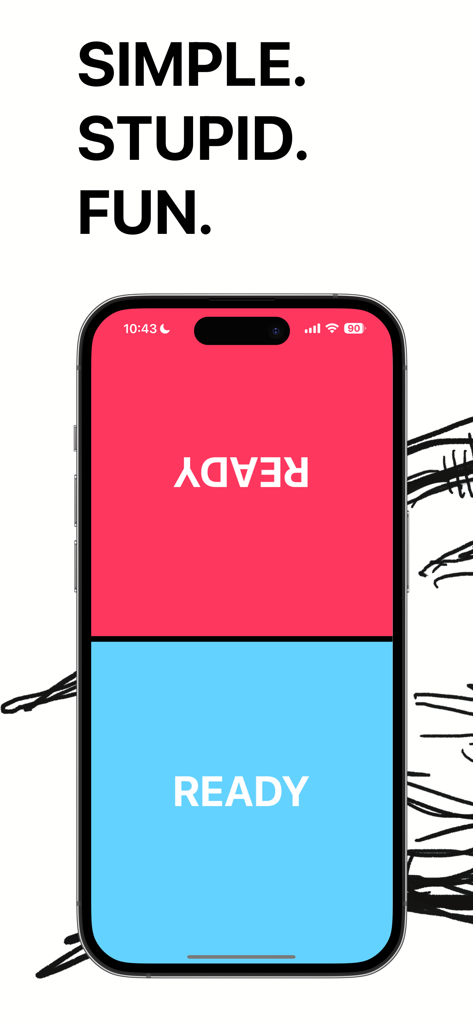 Finger Fight Club - Split screen of Finger Fight Club mobile game with red and blue zones saying ready for a two player tap battle