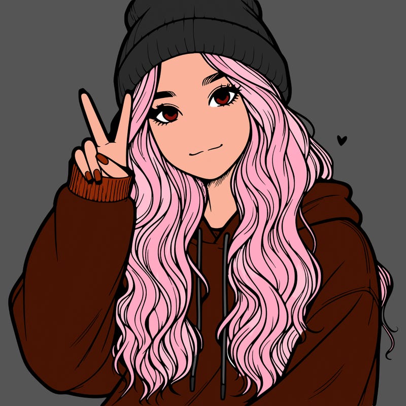 a teenage girl in a beanie, oversized sweatshirt, wavy long hair, and is showing a ✌️