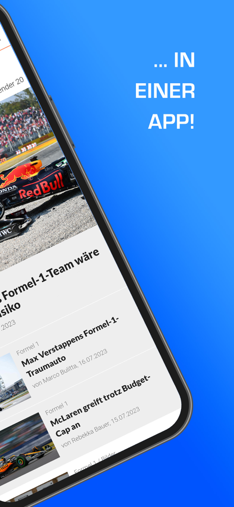 Motorsport Magazin: Formel 1 - Smartphone showing the Motorsport Magazin app with F1 news headlines and a racing car.