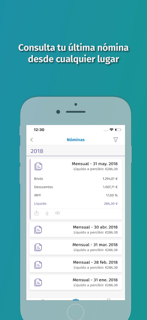 Portal Empleado - Interfaz de la aplicación móvil mostrando una lista de recibos de sueldo mensuales y detalles de nómina en español.