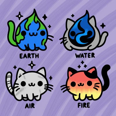 4 cats that represent the different elements, earth, water, air, and fire
