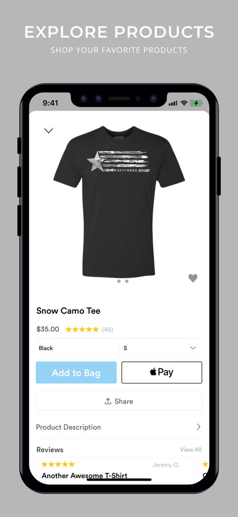 ENRFORCE - Product page for a Snow Camo Tee on the ENRFORCE mobile app showing price and checkout options