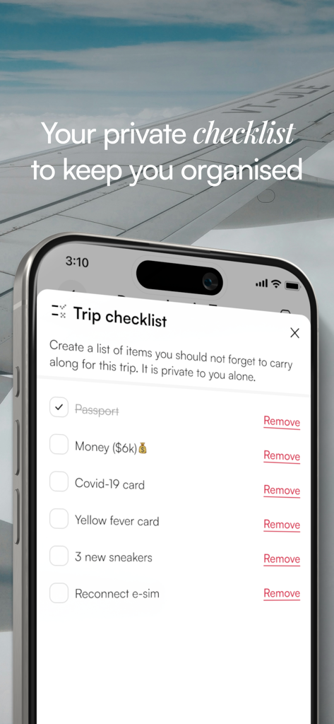 Trip o'clock: Travel anywhere - Interface do aplicativo móvel Trip o'clock exibindo uma lista de verificação de viagem privada com itens como passaporte e dinheiro